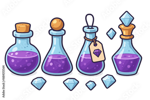 Vector set of magic potion bottles with purple liquid and sparkling diamonds. Game icon asset for fantasy RPG. Elixir, poison, or mana in glass flasks. Alchemy witchcraft concept.