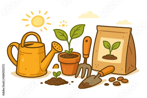 Gardening tools for spring planting vector set. Cartoon illustration with watering can, seedling in pot, seeds, soil bag, trowel, and fork. Garden hobby and growth concept.