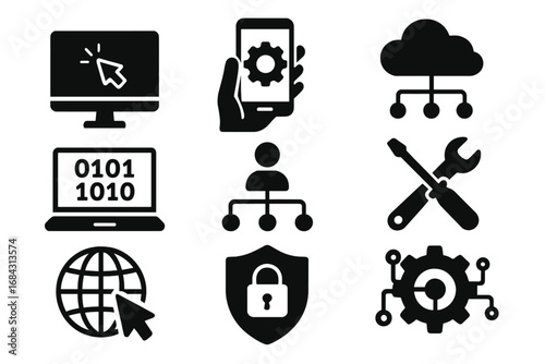 Technology and engineering icon set. Digital network management graphics. Vector silhouette icons for web, UI, security, cloud computing, programming and mobile app settings.