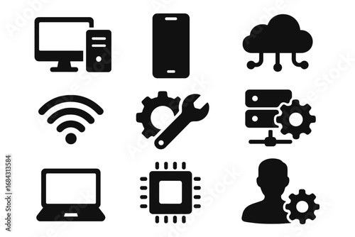 Technology and computer icon set. Collection of simple glyphs for digital network, cloud computing, server management, and user settings. Vector hardware and software symbols.