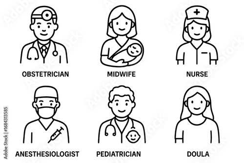 Birth delivery team icon set. Medical staff for pregnancy and childbirth. Vector outline icons of obstetrician, midwife, nurse, anesthesiologist, pediatrician, doula. Newborn care.