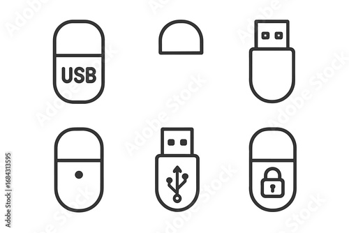 USB stick outline icon set. Vector line art of flash drive storage devices. Icons for data transfer, security lock, connector, cap, LED indicator. Minimalist pictogram symbols.