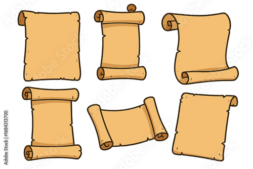 Set of old parchment scrolls. Vintage paper manuscript collection. Ancient blank document, letter, or map template. Retro historical cartoon vector illustration for design.