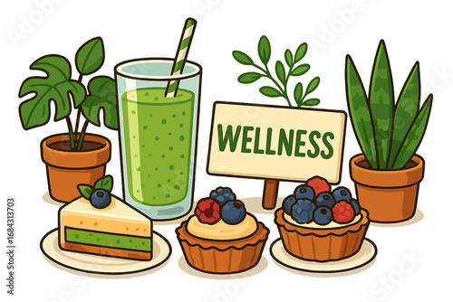 Wellness and healthy eating concept with a green detox smoothie, fruit tarts, berry cake, and houseplants. Healthy lifestyle, natural food, organic dessert. Vector cartoon illustration.