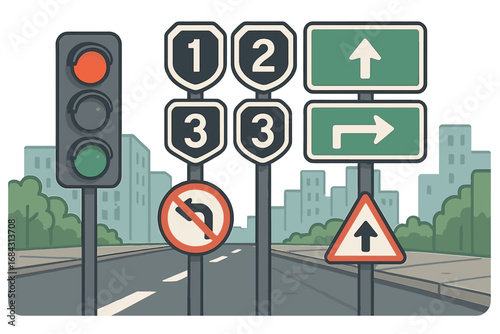 Road signs vector set. Traffic light and signals. Numbered routes for urban navigation. City street direction indicators, road rules and safety. Driving transportation concept.