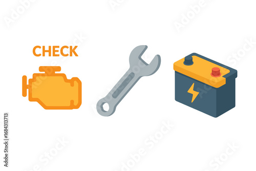 Vehicle diagnostics icons for car service. Isometric flat icon set of vehicle health, engine check light, wrench tool, battery. Auto repair and maintenance concept.