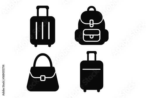 Travel and tourism silhouette icon set. Luggage, backpack, handbag, and suitcase symbols. Vector graphic elements for vacation, journey, and trip concepts. Baggage collection.