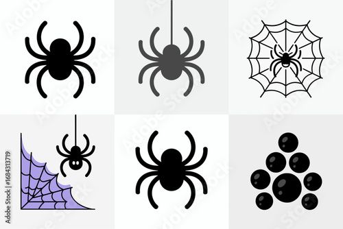 Spider silhouette vector set, web and arachnid icons, creepy Halloween emblem collection, spider web patterns, spooky insect graphics