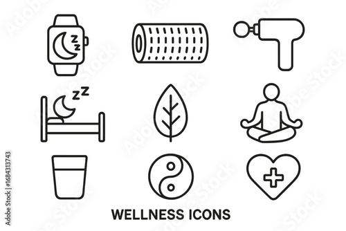 Wellness line icon set for self-care and healthy lifestyle. Vector icons of sleep, meditation, hydration, foam roller, massage gun. Health, balance and recovery concept.