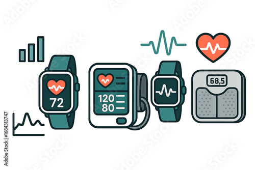 Health monitoring device icon set. Smartwatch, fitness tracker, blood pressure monitor, smart scale. Digital health care technology. Heart rate, pulse, ECG, weight vector.