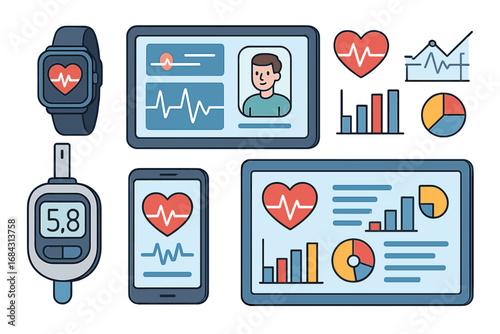 Health tech icons. Digital medicine, telemedicine. Medical data analytics on tablet. Smartwatch for heart rate, glucometer for diabetes. Health monitoring vector cartoon elements.