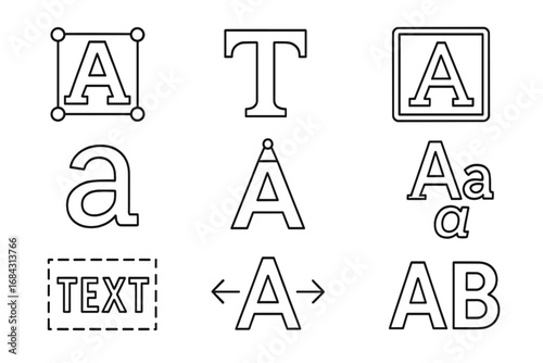 Typography and font outline icon set. Text editor and graphic design symbols. Alphabet, letter, typeface, kerning, uppercase, lowercase signs. Vector UI and UX elements.
