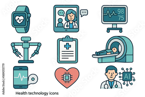 Health technology icon collection. Digital medicine, telemedicine, AI in healthcare, MRI scan, robotic surgery, and patient monitoring concepts. Vector outline illustrations.