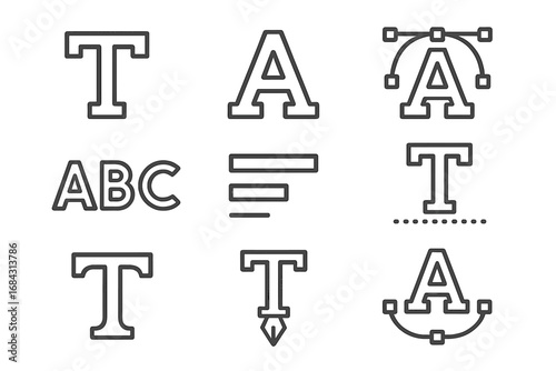 Typography line icon set with font and text symbols. Vector outline collection for graphic design. Includes alphabet, typeface editing, letter creation, and text format icons.