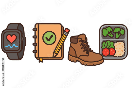 Healthy active lifestyle concept vector icon set. Smartwatch for fitness tracking, meal prep container for nutrition, hiking boot for outdoors, and a diary for planning.
