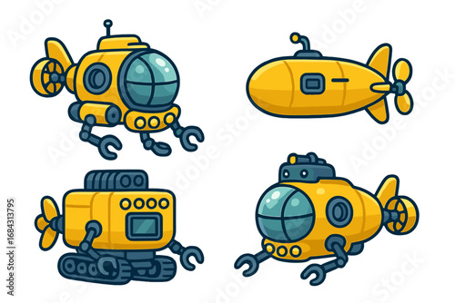 Yellow submarine cartoon set. Underwater exploration vehicle for marine research. Deep sea bathyscaphe, ROV with robotic arms. Vector illustration icon collection isolated.