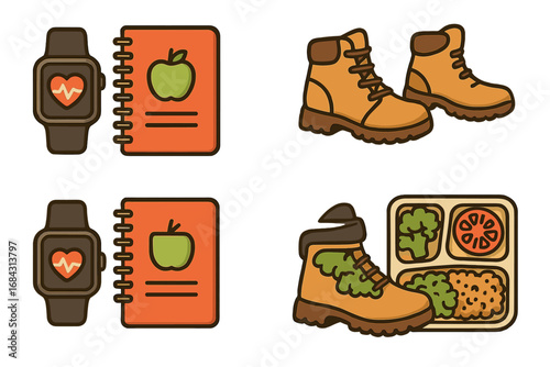 Healthy lifestyle icon set. Fitness tracker, nutrition diary, hiking boots and meal prep. Wellness, sport, diet and outdoor activity concept. Vector cartoon illustration.