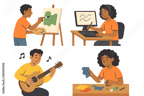 Set of people enjoying creative hobbies. Man painting on canvas, woman drawing on graphic tablet, musician playing guitar, girl making collage. Artistic activity concept vector.