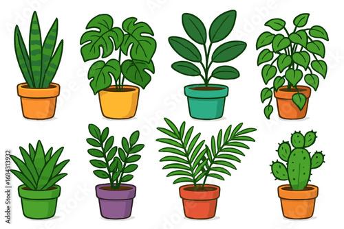 Set of cute cartoon houseplants in colorful pots. Vector collection of indoor plants for home decor. Urban jungle concept with monstera, snake plant, cactus, palm, succulent.