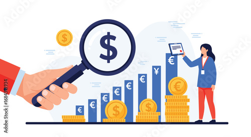 Business growth analysis with magnifying glass over dollar, woman presenting tablet
