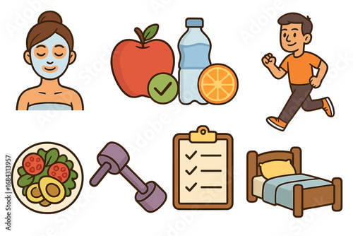Healthy lifestyle icon set for wellness and self-care. Daily routine habits like diet, fitness, good sleep, and nutrition. Vector icons for health and well-being.