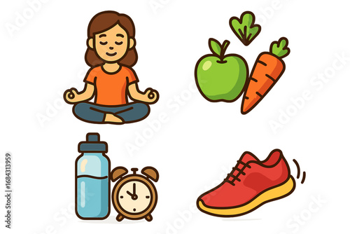 Healthy lifestyle icon set. Wellness concepts for daily routine, including yoga, meditation, diet, and exercise. Self-care, fitness, and balanced living vector cartoons.