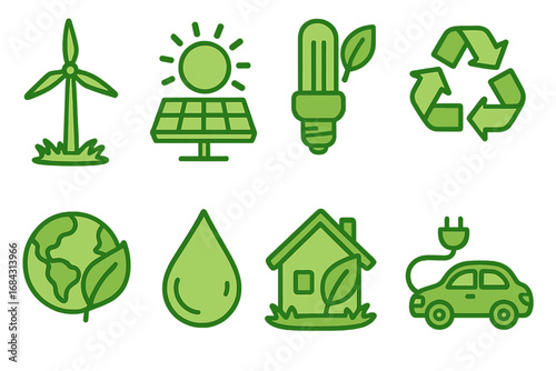 Renewable energy and sustainability icon set. Green eco-friendly vector symbols of solar panel, wind turbine, electric car, recycling, planet earth, water conservation.