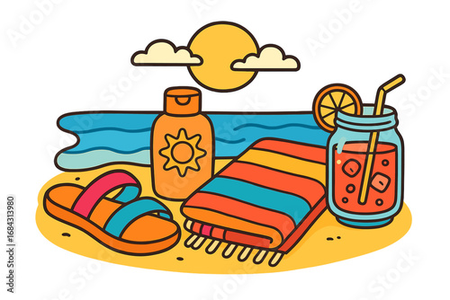 Summer beach essentials vector illustration. Colorful cartoon scene with sunscreen, sandals, towel, and cocktail. Vacation, travel, and relaxation concept on a sunny seaside.