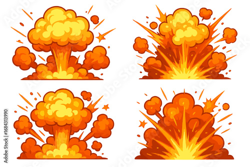 Vector cartoon explosion set. Comic book bomb blast and fire bang effect. Boom flash with smoke cloud illustration. Dynamite explode animation spritesheet. Atomic burst collection.