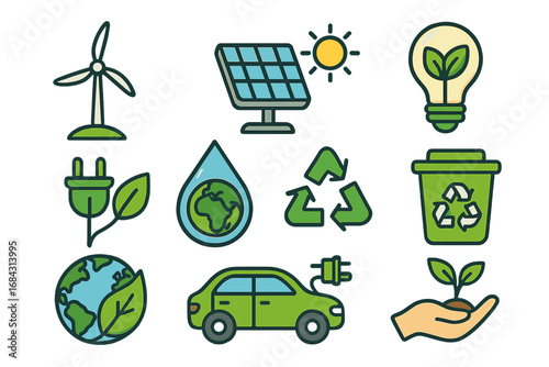 Set of renewable energy icons. Green technology, sustainability, and ecology symbols. Vector illustration of wind turbine, solar panel, recycle sign, and electric car.
