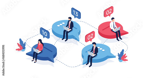Business professionals collaborate online, sharing ideas and updates in a modern digital network
