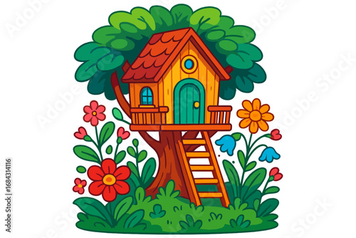 Cartoon tree house for kids in a summer garden. Whimsical vector illustration of a fantasy playhouse in a tree with vibrant flowers. Isolated fairytale scene on transparent background.