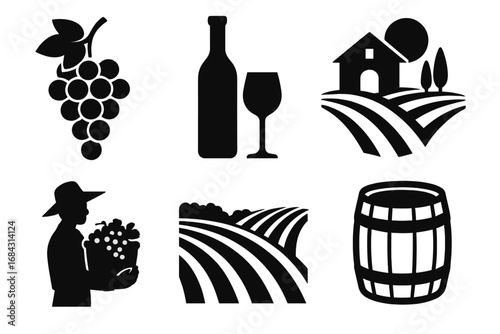 Wine production silhouette icon set. Winemaking and viticulture symbols. Grapes, bottle, glass, winery, harvest, barrel, vineyard field. Vector logo elements for labels.
