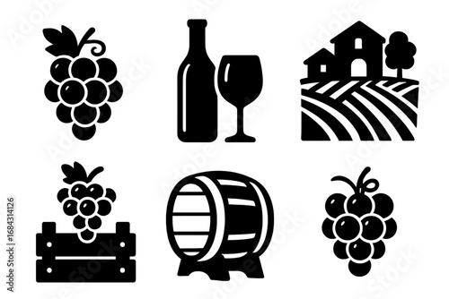 Wine and vineyard silhouette icon set. Winemaking and viticulture graphic elements. Grapes, bottle, glass, winery, harvest, barrel, crate. Vector illustration for logo design.