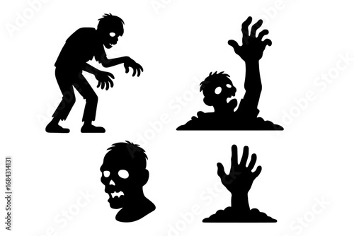 Zombie horror silhouette icon set. Creepy undead monster symbols for Halloween themes. Vector cartoon illustration of walking dead, head, and hand rising from the grave.