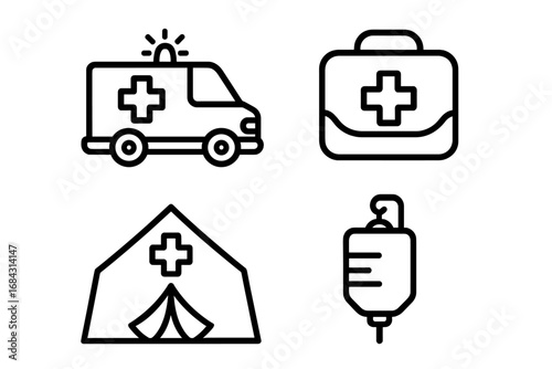 Emergency icons set. Medical response outline icons collection. Ambulance, paramedic bag, field hospital tent, IV drip. First aid, healthcare, disaster relief vector symbols.