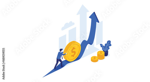 Driven entrepreneur pushing golden coin uphill towards financial growth chart and success