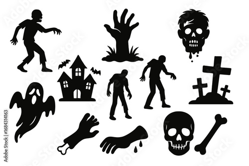 Zombie and horror silhouette icon set. Scary undead symbols collection for Halloween. Spooky ghost, haunted house, skull, and graveyard vector cartoon illustration elements.