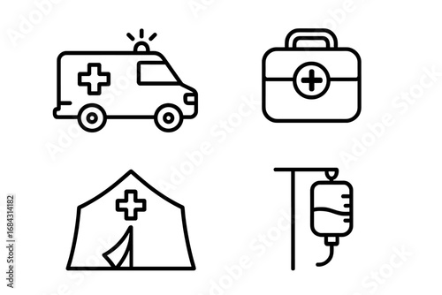 Medical emergency outline icons set. Ambulance, paramedic bag, hospital tent, IV drip. First aid, healthcare, disaster response, urgent care vector cartoon symbols.