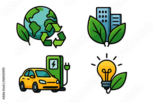 Eco-friendly icon set. Green city, sustainable energy, planet recycling, electric car symbols. Vector illustration for ecology, environmental protection, modern urban life concepts.