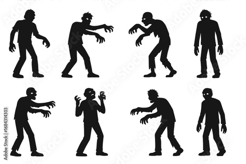 Zombie silhouette character set. Horror, apocalypse, and undead themed monster collection. Creepy walking dead vector graphic icon pack for Halloween design or scary concepts.