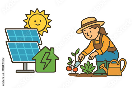 Renewable energy and sustainable gardening vector set. Woman farmer planting vegetables and solar panels providing green power. Eco friendly lifestyle, self-sufficiency concept.