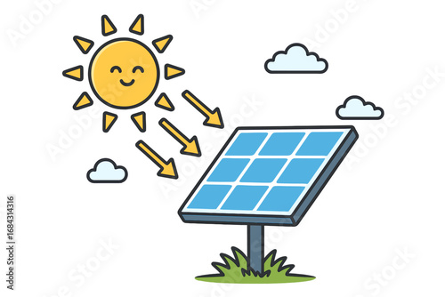Solar panel and smiling sun cartoon vector illustration. Concept of renewable, sustainable, green, and alternative energy. Eco friendly power source technology icon.