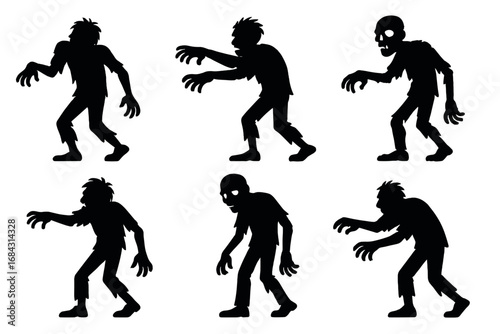 Zombie silhouette icon set for horror and apocalypse themes. Collection of undead monster figures walking. Vector cartoon illustration for Halloween design. Spooky character pack.