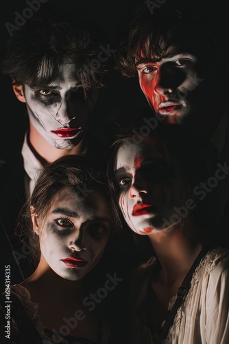 Young adults in dramatic horror makeup with eerie lighting