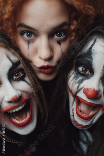 Female teens with clown makeup expressing joy and surprise
