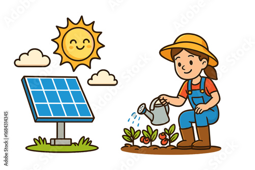 Renewable energy concept with solar panel and cartoon woman gardening. Sustainable living, eco friendly power and organic farming for a green lifestyle. Vector illustration.