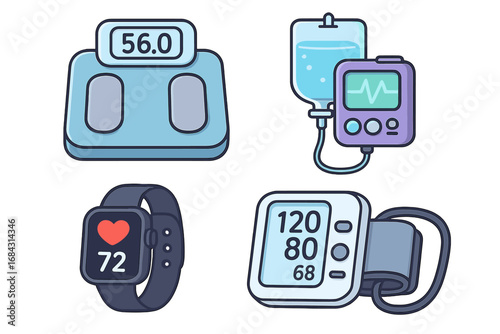 Medical technology vector icon set. Health monitoring tools: digital scale, smartwatch with heart rate, blood pressure monitor, and infusion pump. Healthcare cartoon illustration.
