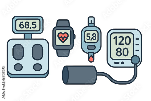 Medical technology icon set. Health monitoring devices for personal care. Vector illustration of blood pressure monitor, glucometer, smart watch and digital scale for diagnostics.