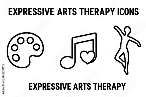 Expressive arts therapy icons set with paint palette, music note, and dance silhouette. Creative arts for mental health, psychology, healing. Vector outline symbol collection.